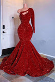 Long Sleeves One Shoulder Sequins Prom Dress Mermaid On Sale