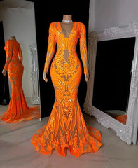 Long Sleeves Orange Mermaid Prom Dress Long Lace Sequins