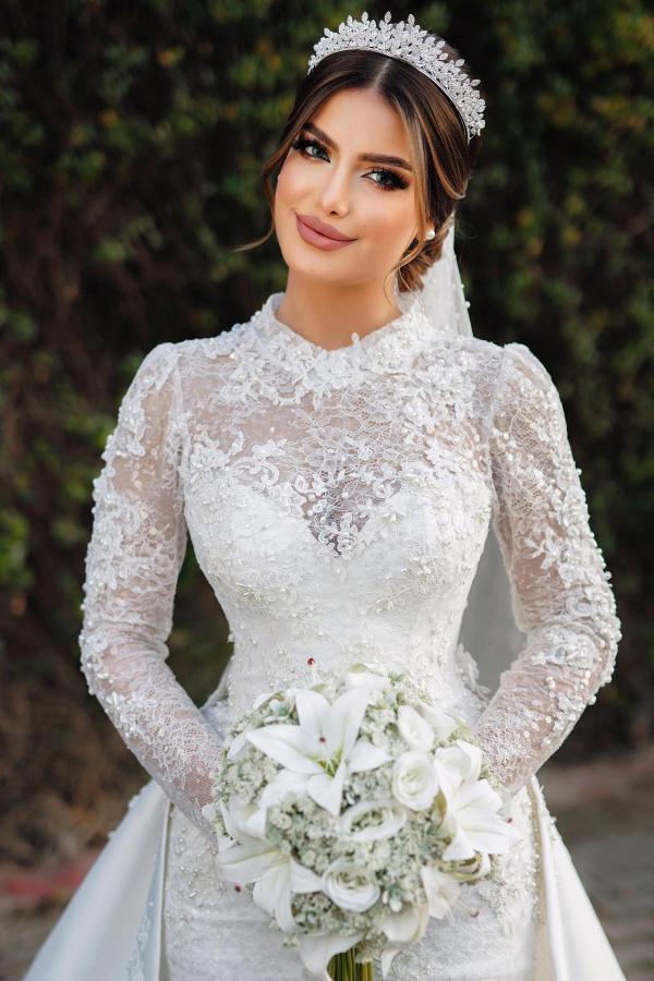 long sleeve wedding dress with overskirt Designer Lace Long Sleeve Satin Mermaid Wedding Dress with Overskirt