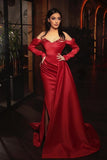 Long Sleeves Red Mermaid Prom Dress With Slit Off-the-Shoulder