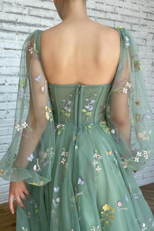 Long Sleeves Sage Green Prom Dress Tulle With Flowers Newinlook Long Sleeves Sage Green Prom Dress Tulle With Flowers Newinlook