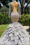 Long Sleeves Silver Prom Dress Mermaid Appliques With Feather