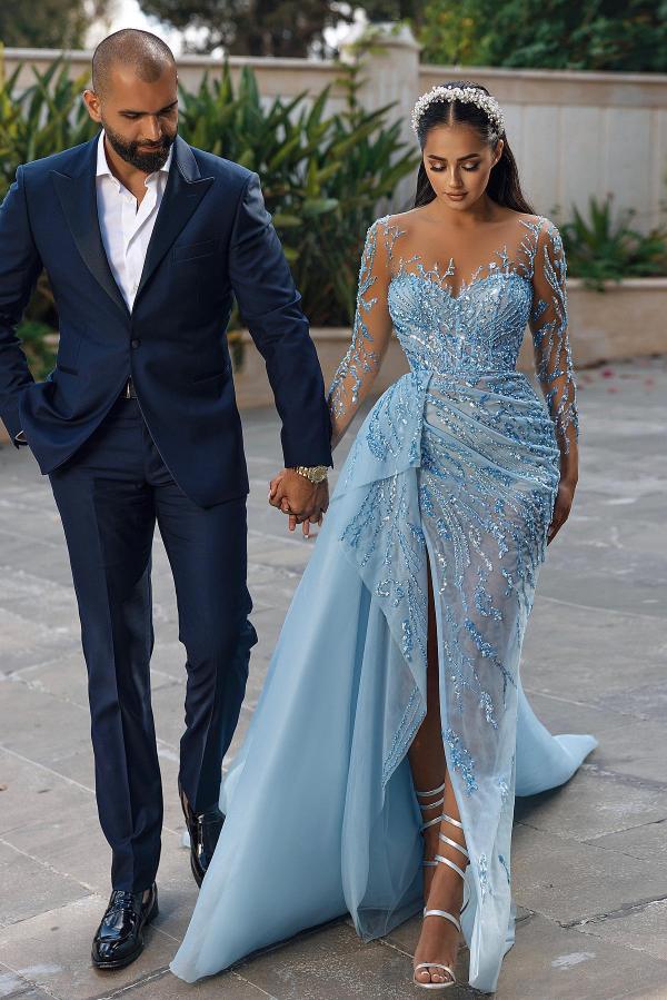 Long Sleeves Sky Blue Prom Dresses Mermaid Tulle With Beadings Slit Newinlook Long Sleeves Sky Blue Prom Dresses Mermaid Tulle With Beadings Slit Newinlook