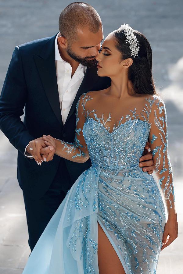 Long Sleeves Sky Blue Prom Dresses Mermaid Tulle With Beadings Slit Newinlook Long Sleeves Sky Blue Prom Dresses Mermaid Tulle With Beadings Slit Newinlook
