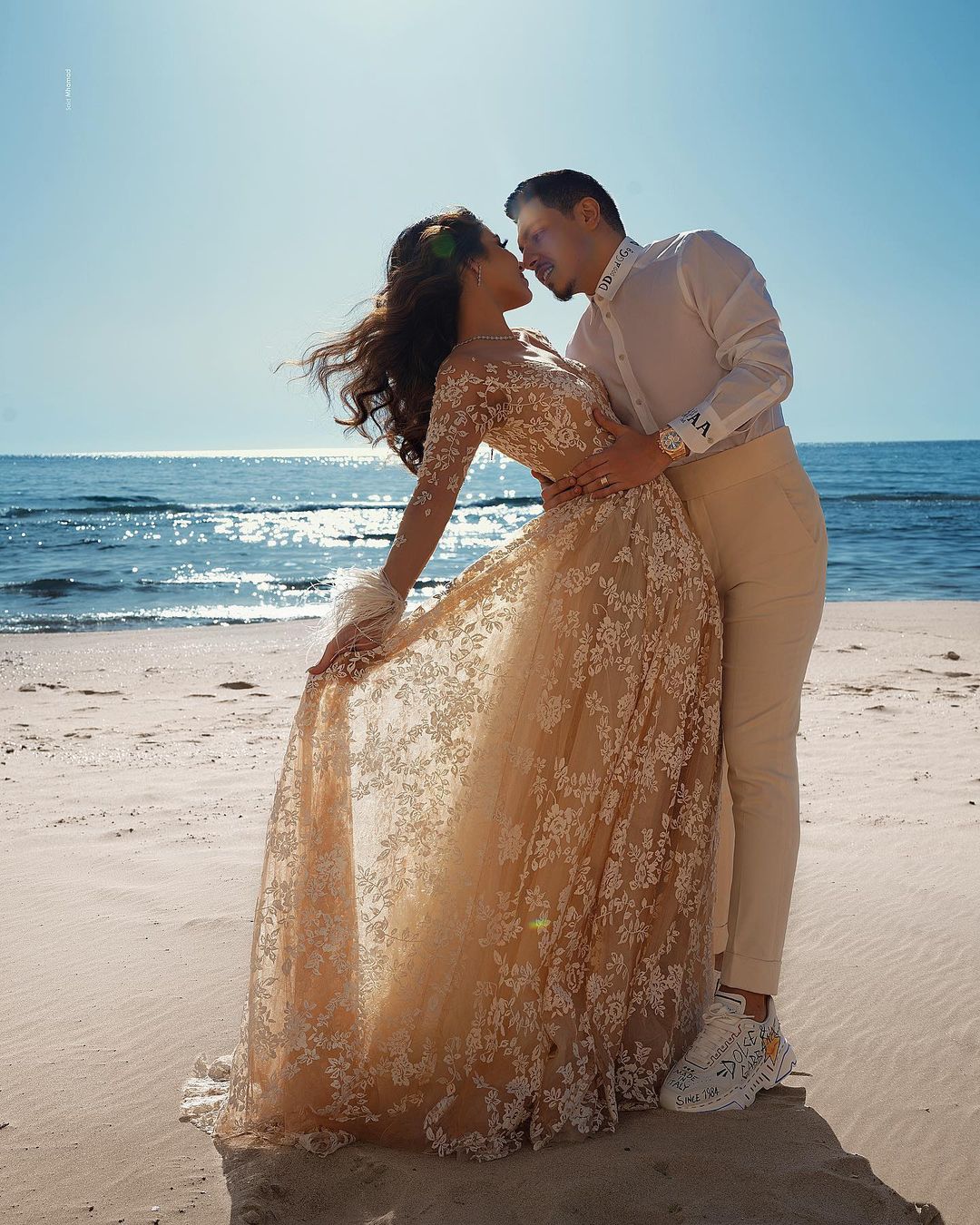 Long Sleeves V-Neck Champagne Wedding Dress Beach With Appliques