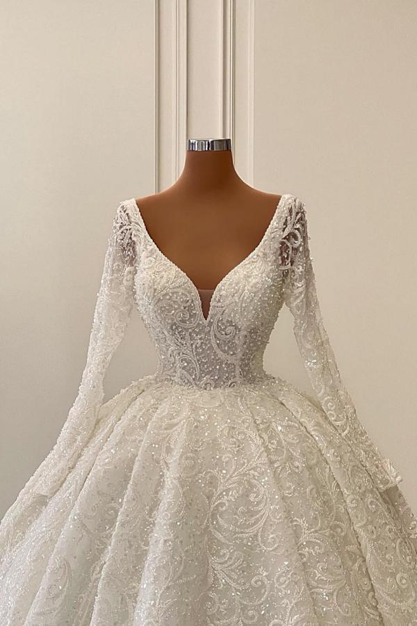 Long Sleeves V-Neck Wedding Dress Ball Gown With Lace