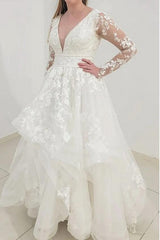 Long Sleeves V-Neck Wedding Dress Ruffles With Lace Appliques