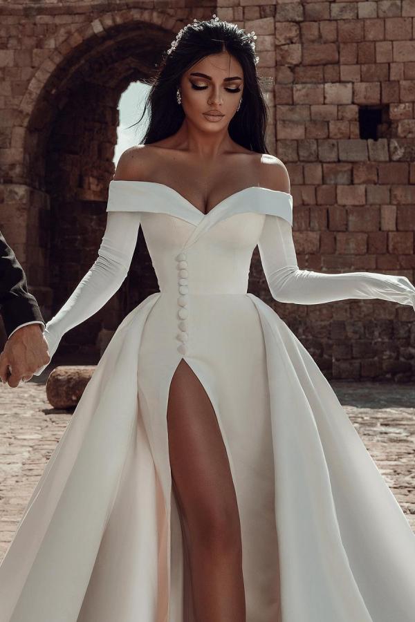 Long Sleeves Wedding Dress Off-the-Shoulder With Slit Newinlook Long Sleeves Wedding Dress Off-the-Shoulder With Slit Newinlook