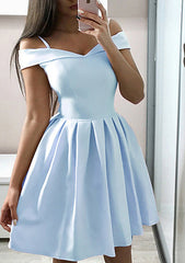 Look Pretty in a Short/Mini A-line Off-the-Shoulder Sleeveless Satin Homecoming Dress With Ruffles