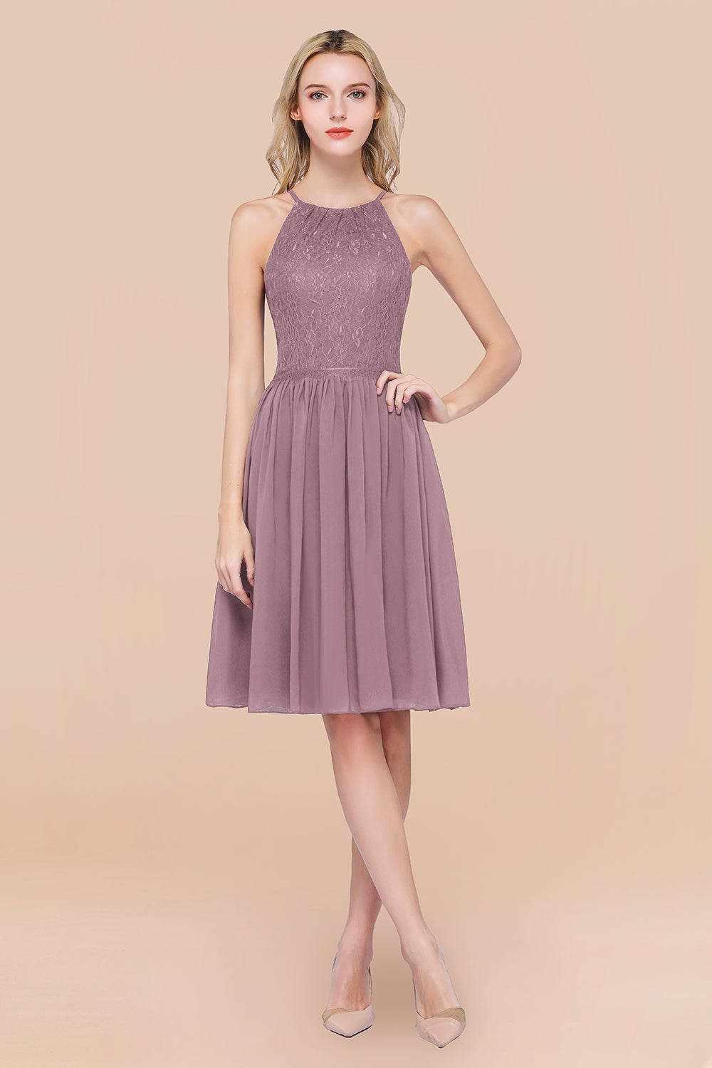 Lovely Burgundy Lace Short Bridesmaid Dress With Spaghetti-Straps