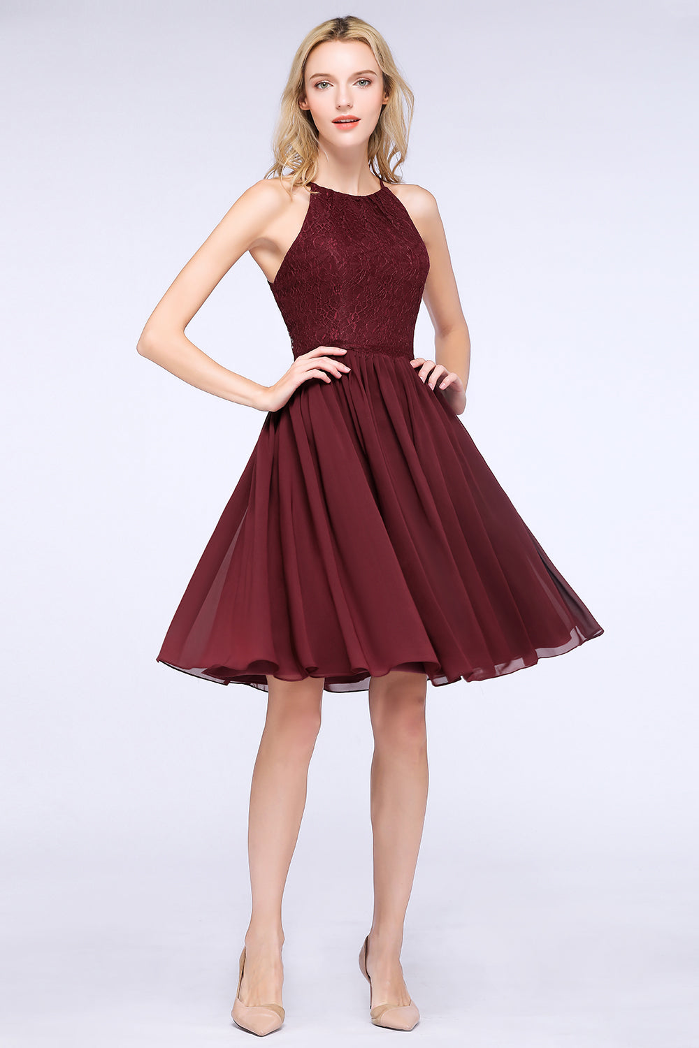 Lovely Burgundy Lace Short Bridesmaid Dress With Spaghetti-Straps
