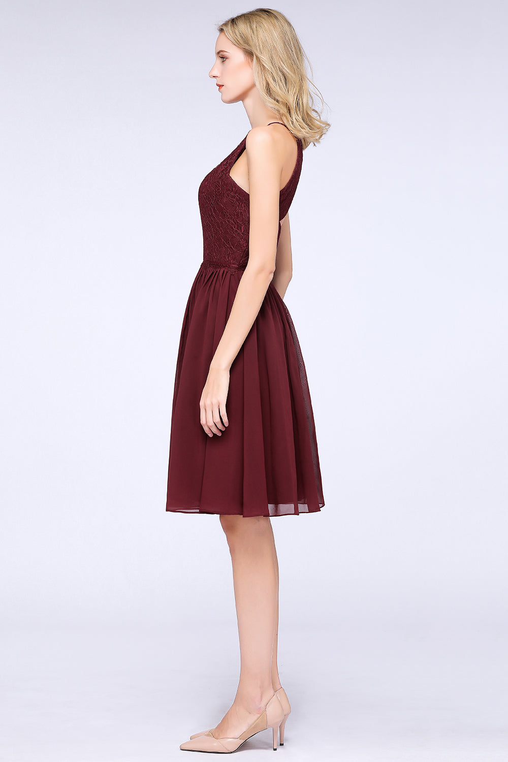 Lovely Burgundy Lace Short Bridesmaid Dress With Spaghetti-Straps