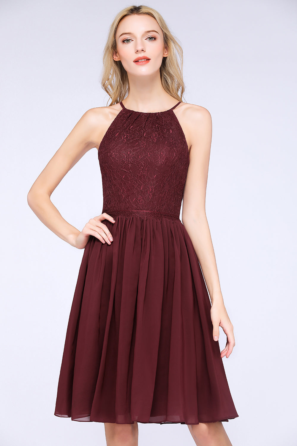 Lovely Burgundy Lace Short Bridesmaid Dress With Spaghetti-Straps