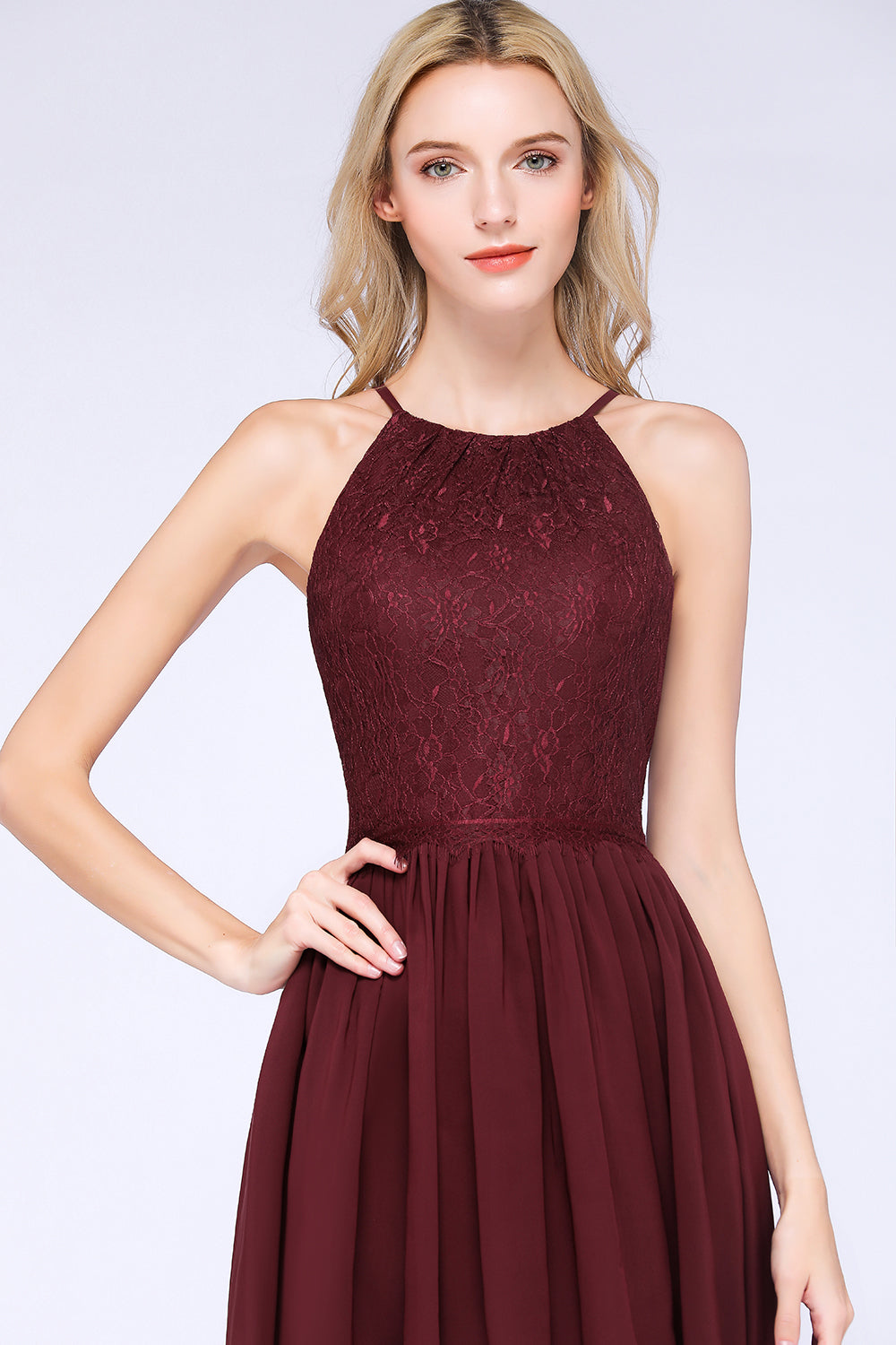 Lovely Burgundy Lace Short Bridesmaid Dress With Spaghetti-Straps