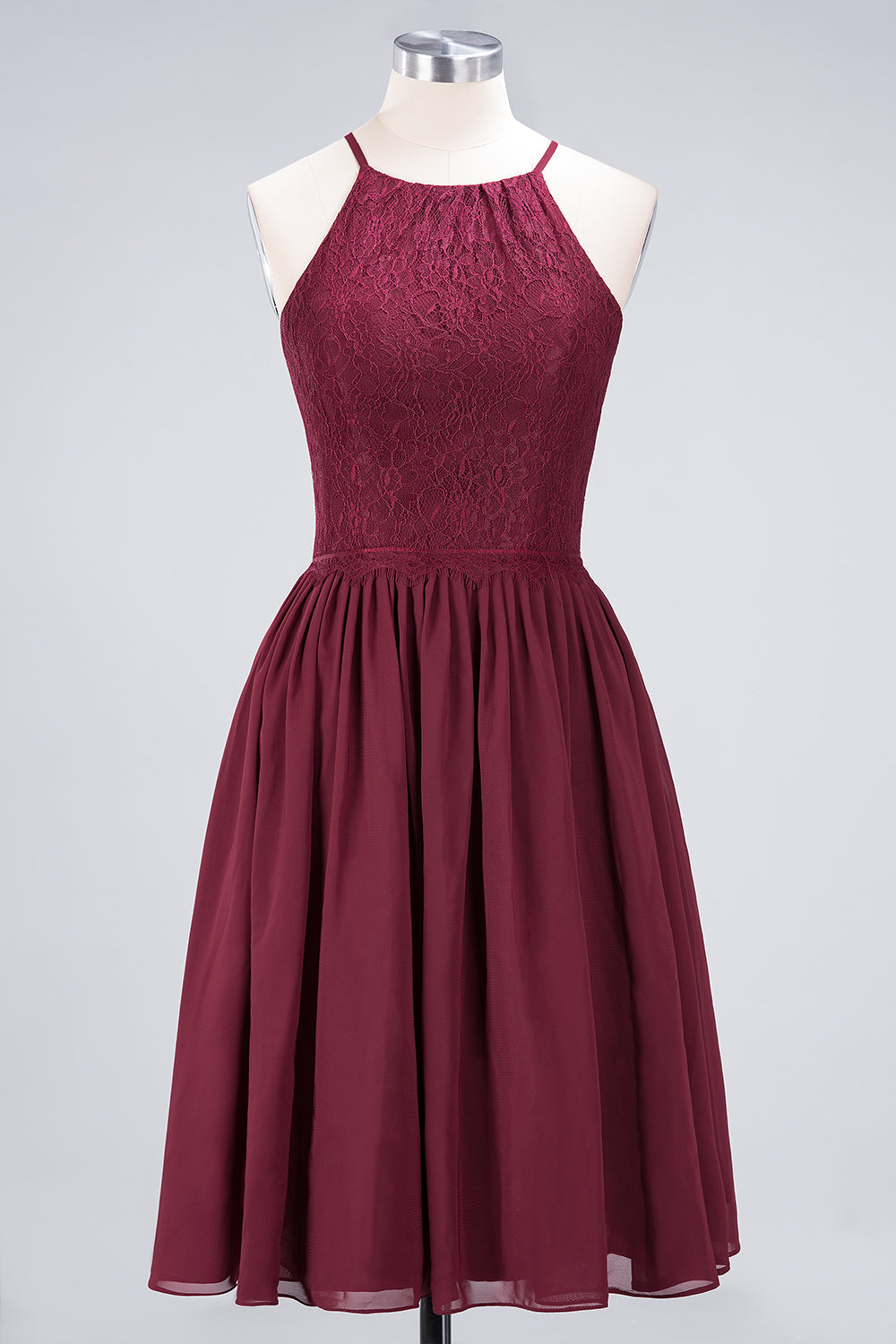 Lovely Burgundy Lace Short Bridesmaid Dress With Spaghetti-Straps