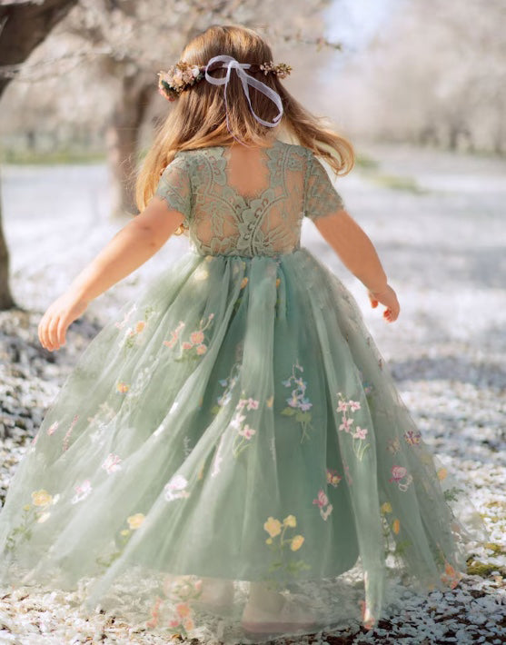 Lovely Green Cap Sleeves A-line Flower Girl Dresses With Appliques-Newinlook