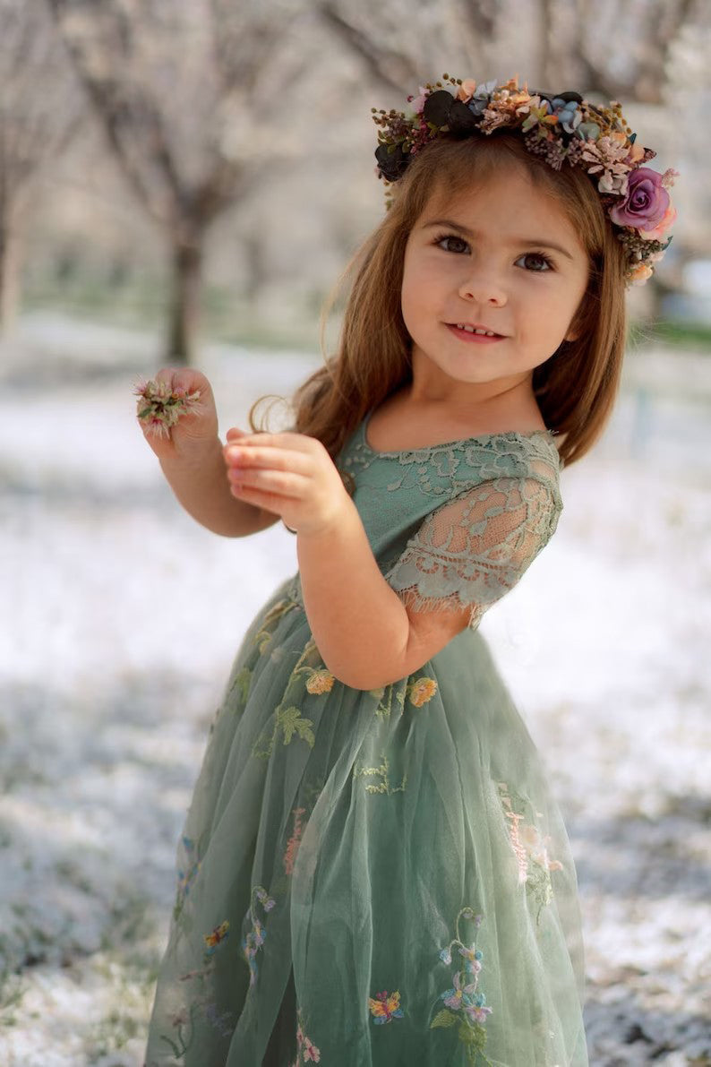 Lovely Green Cap Sleeves A-line Flower Girl Dresses With Appliques-Newinlook