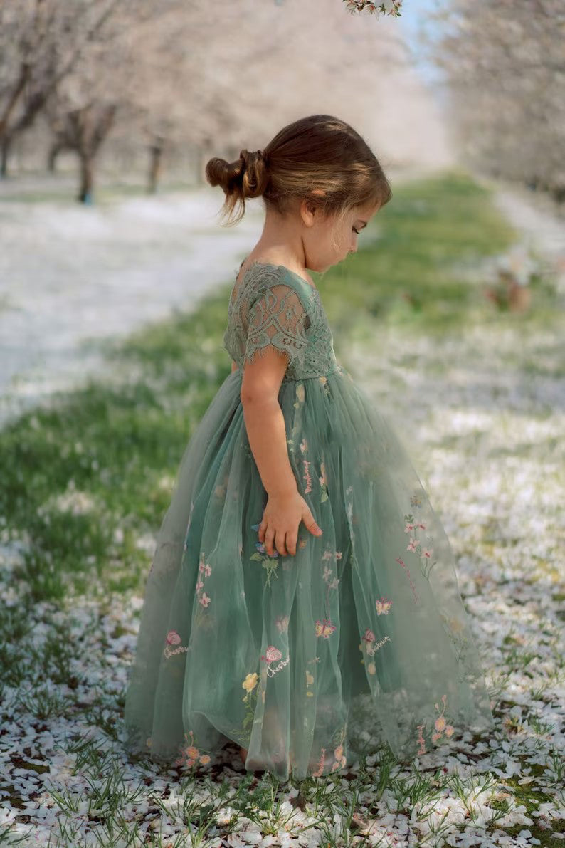Lovely Green Cap Sleeves A-line Flower Girl Dresses With Appliques-Newinlook