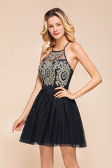 Lovely Halter Tulle Short Prom Dress Lace Appliques Homecoming Dress Online