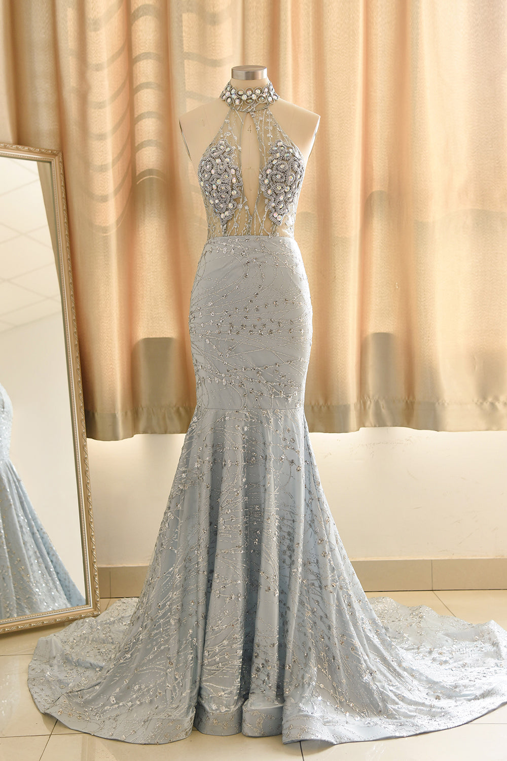 Luxurious Halter Rhinestones Prom Dress Mermaid Long Online