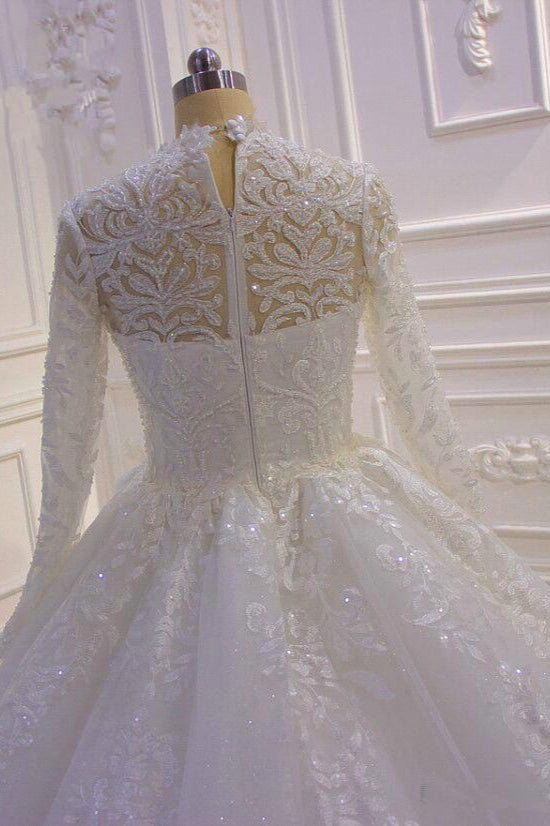 Luxury Ball Gown High Neck Tull Lace Wedding Dress Long Sleeves Appliques Sequins Bridal Gowns Online