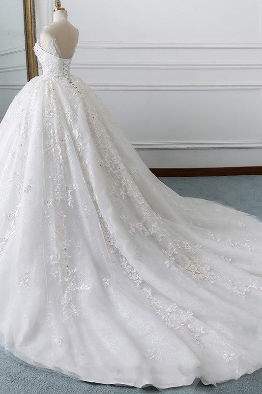 Luxury Ball Gown Jewel Tulle Wedding Dress Beading Lace Appliques Sleeveless Bridal Gowns On Sale