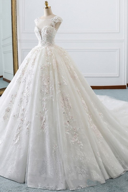 Luxury Ball Gown Jewel Tulle Wedding Dress Beading Lace Appliques Sleeveless Bridal Gowns On Sale