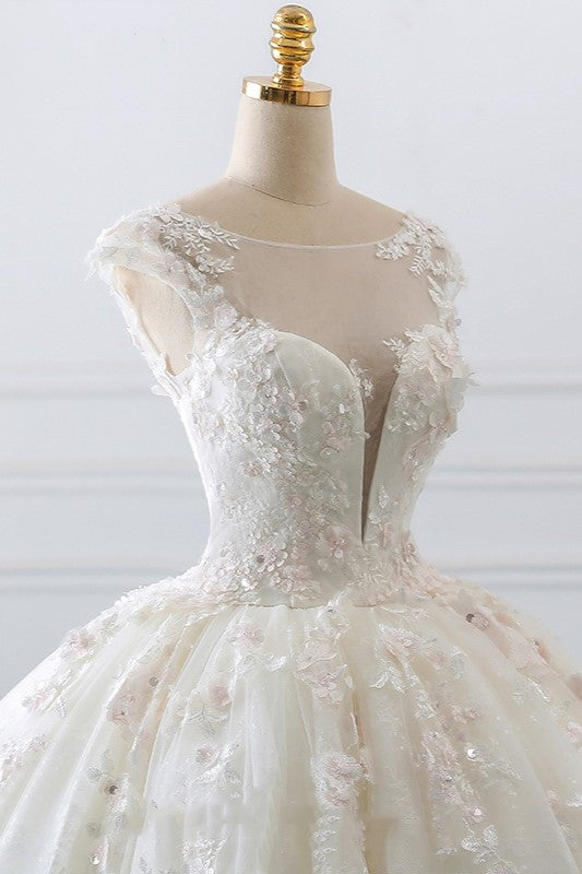 Luxury Ball Gown Jewel Tulle Wedding Dress Beading Lace Appliques Sleeveless Bridal Gowns On Sale