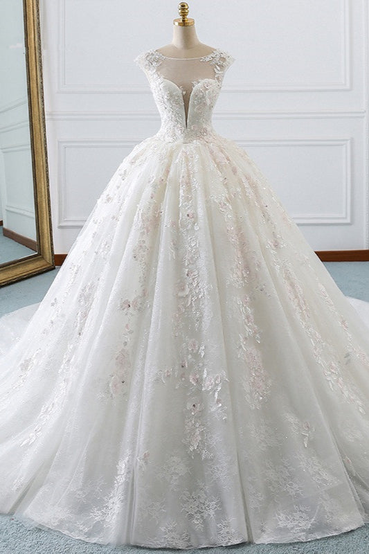 Luxury Ball Gown Jewel Tulle Wedding Dress Beading Lace Appliques Sleeveless Bridal Gowns On Sale