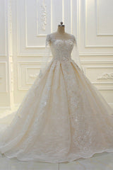 Luxury Ball Gown Jewel Tulle Wedding  Dress Long Sleeves Lace Applqiues Beadings Bridal Gowns On Sale