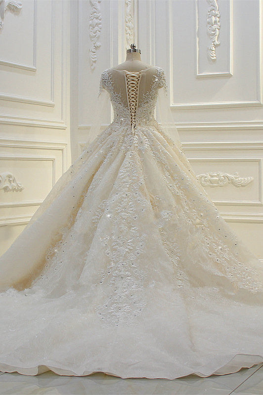 Luxury Ball Gown Jewel Tulle Wedding  Dress Long Sleeves Lace Applqiues Beadings Bridal Gowns On Sale