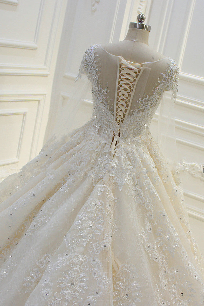 Luxury Ball Gown Jewel Tulle Wedding  Dress Long Sleeves Lace Applqiues Beadings Bridal Gowns On Sale