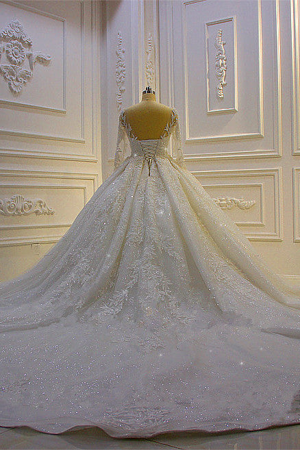 Luxury Ball Gown Lace Appliques Beading Wedding Dress Long Sleeves Ruffles Bridal Gowns On Sale