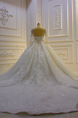 Luxury Ball Gown Lace Appliques Beading Wedding Dress Long Sleeves Ruffles Bridal Gowns On Sale