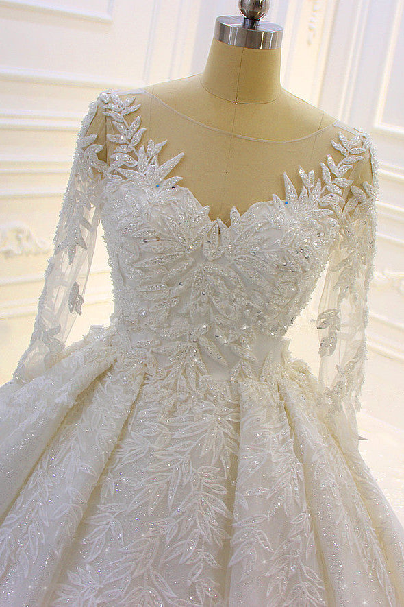 Luxury Ball Gown Lace Appliques Beading Wedding Dress Long Sleeves Ruffles Bridal Gowns On Sale