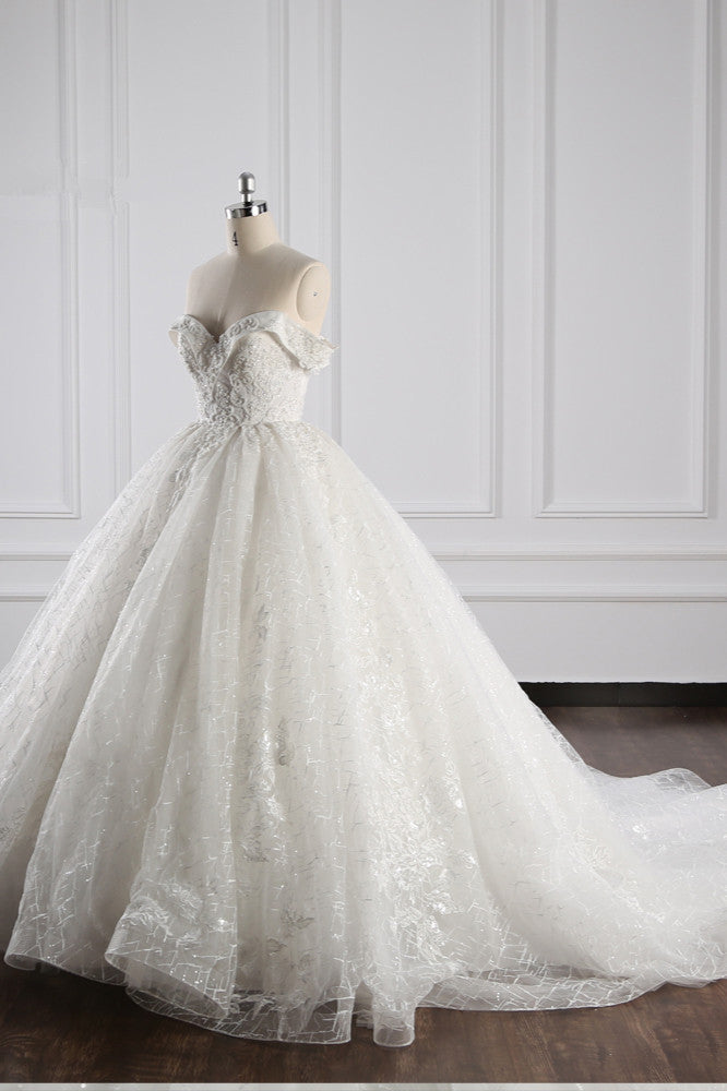 Luxury Ball Gown Off-the-Shoulder Tulle Lace Wedding Dress Appliques Sleeveless Bridal Gowns On Sale