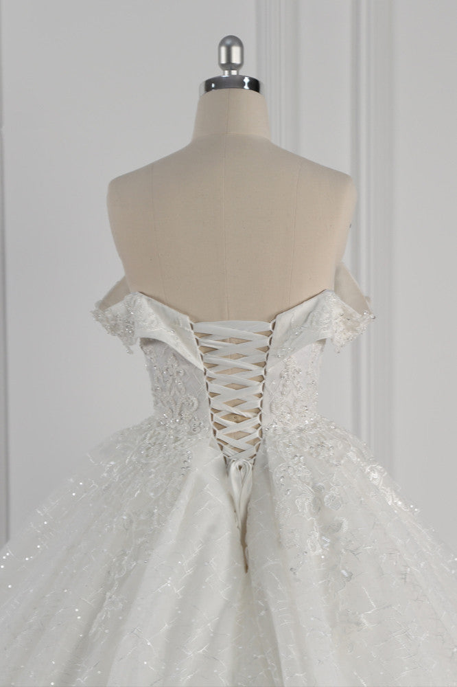 Luxury Ball Gown Off-the-Shoulder Tulle Lace Wedding Dress Appliques Sleeveless Bridal Gowns On Sale