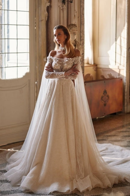 Exquisite Off-the-Shoulder Long Sleeves A-Line Wedding Dress in Lace w – Newinlook