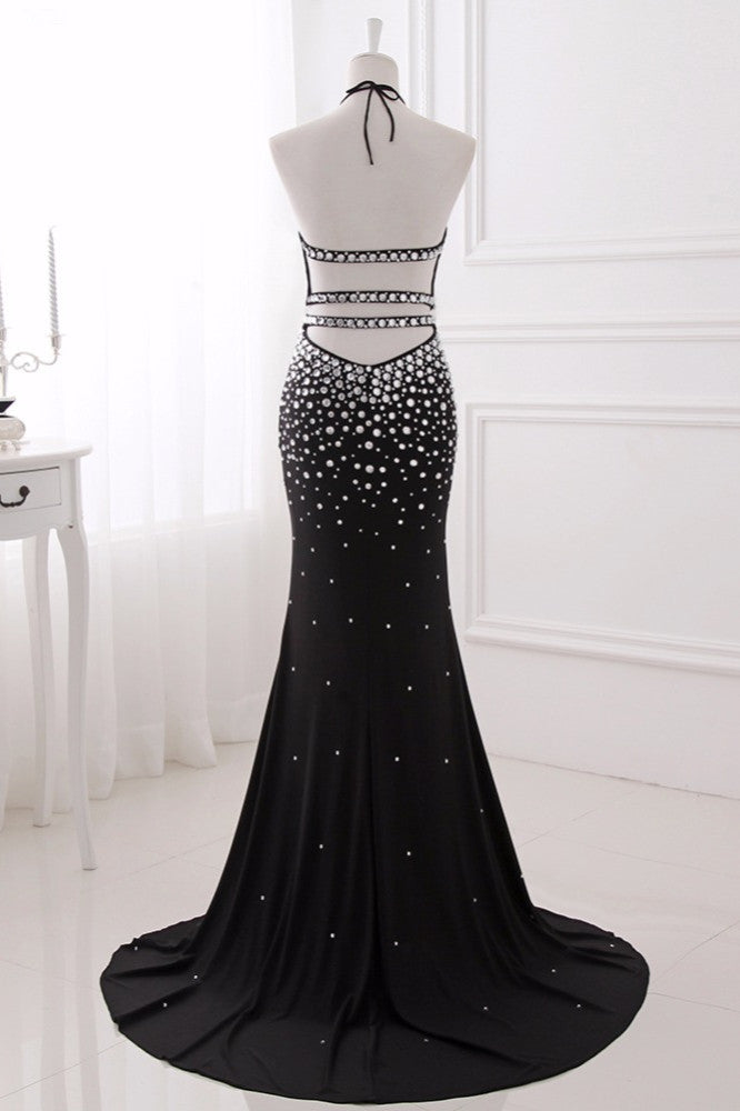 Luxury Chiffon Halter Sleeveless Beadings Prom Dresses with Front Slit Online