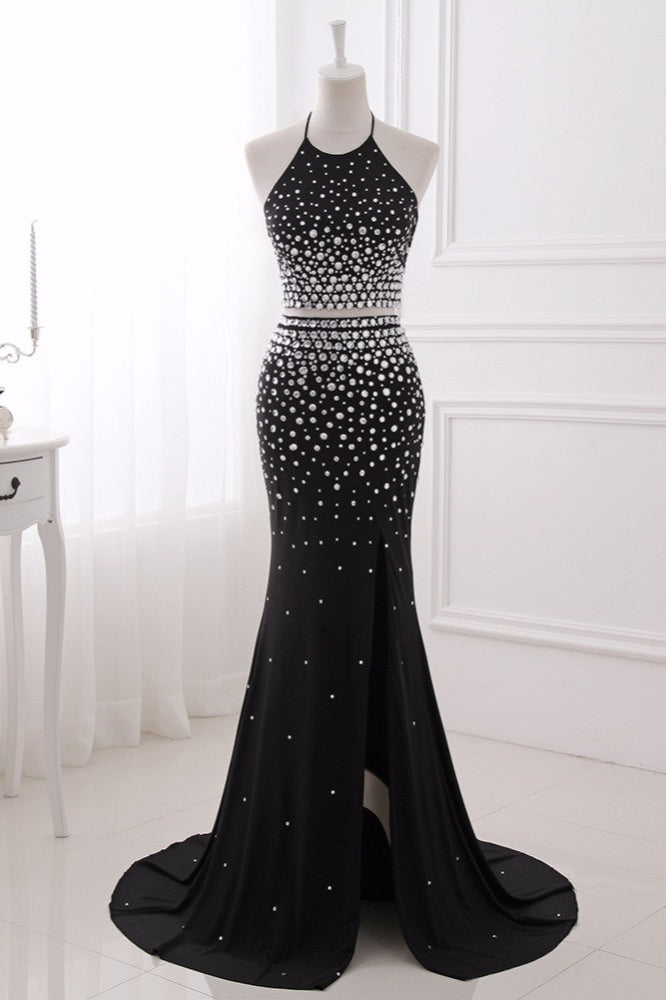 Luxury Chiffon Halter Sleeveless Beadings Prom Dresses with Front Slit Online