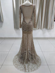 Luxury Lace Long Sleeves Slit Prom Dresses with Appliques Pearls Online