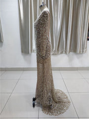 Luxury Lace Long Sleeves Slit Prom Dresses with Appliques Pearls Online