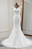 Luxury V-Neck Sleeveless White Lace Mermaid Wedding Dresses with Appliques