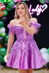 Magenta Sequin Feathered Cold-Shoulder A-Line Short Homecoming Dress
