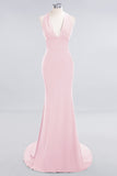 Mermaid Halter V-Neck Dark Green Chiffon Bridesmaid Dress with Open Back