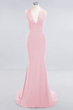 Mermaid Halter V-Neck Dark Green Chiffon Bridesmaid Dress with Open Back