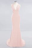Mermaid Halter V-Neck Dark Green Chiffon Bridesmaid Dress with Open Back