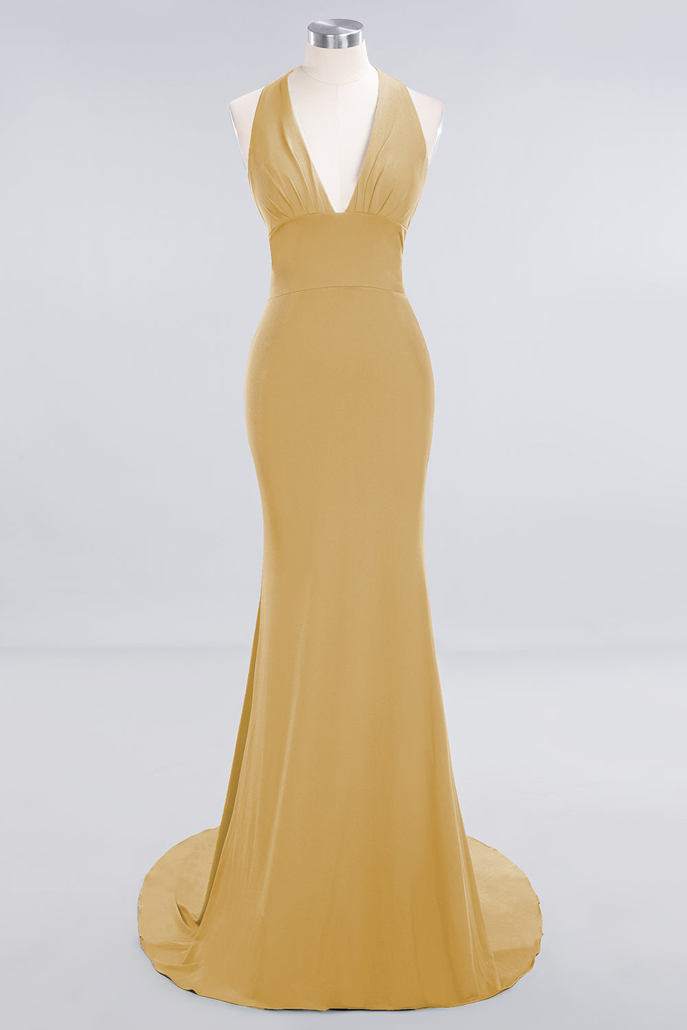 Mermaid Halter V-Neck Dark Green Chiffon Bridesmaid Dress with Open Back