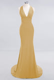 Mermaid Halter V-Neck Dark Green Chiffon Bridesmaid Dress with Open Back