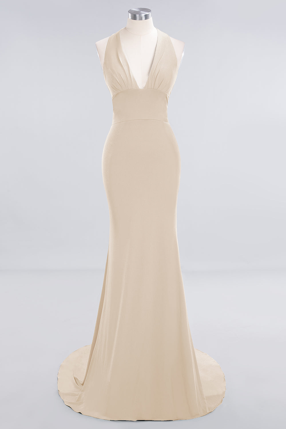 Mermaid Halter V-Neck Dark Green Chiffon Bridesmaid Dress with Open Back
